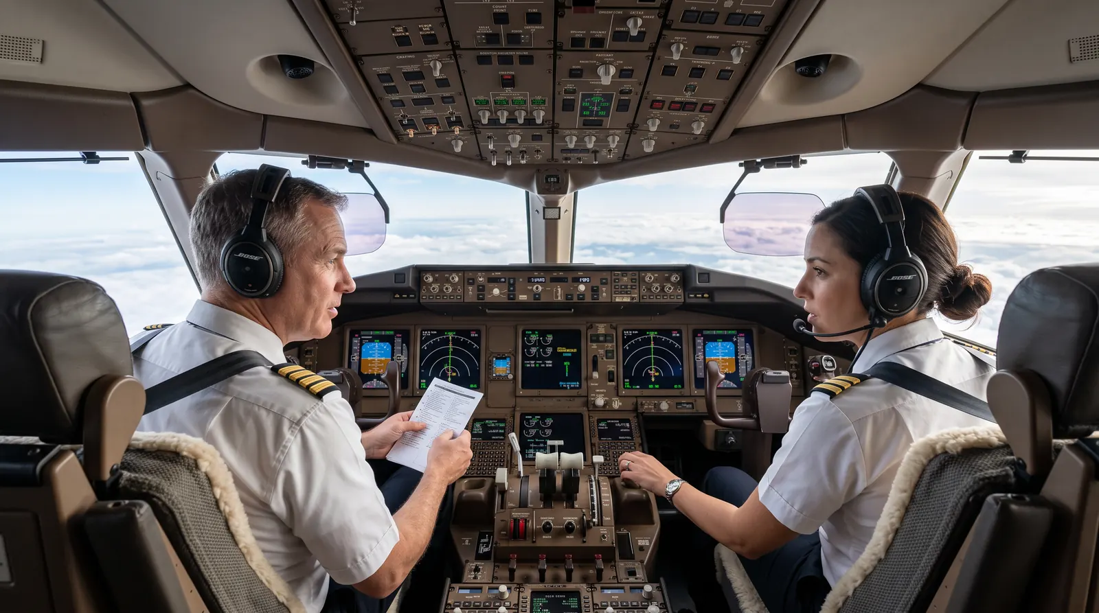 Captain and first officer cross-checking procedures together in an airliner flight deck