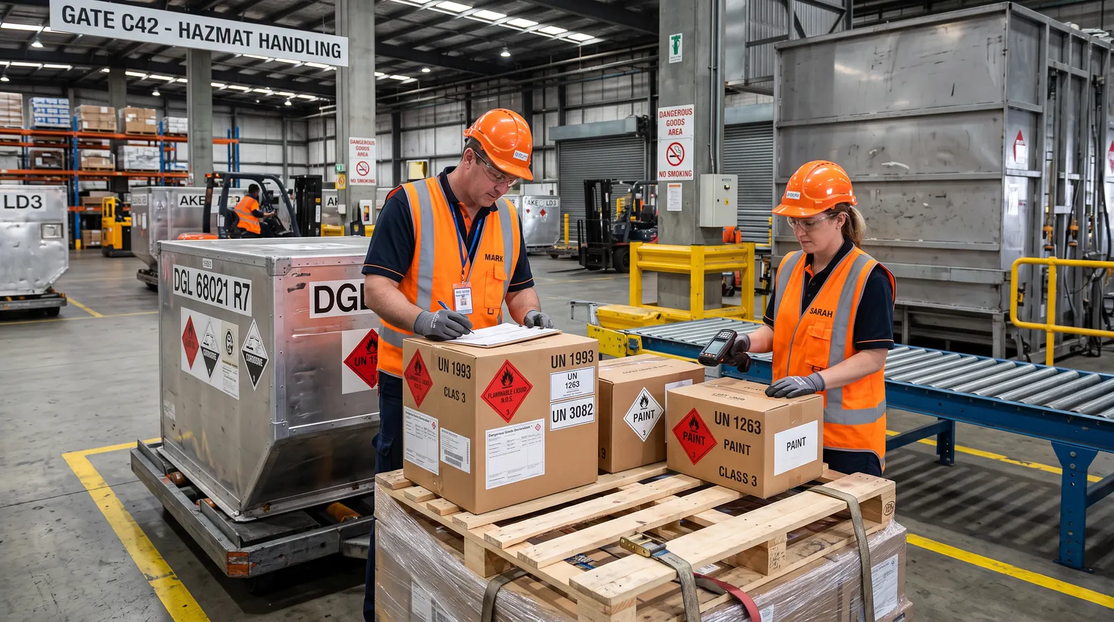 Cargo handlers in safety vests inspecting labelled packages in an airport cargo terminal