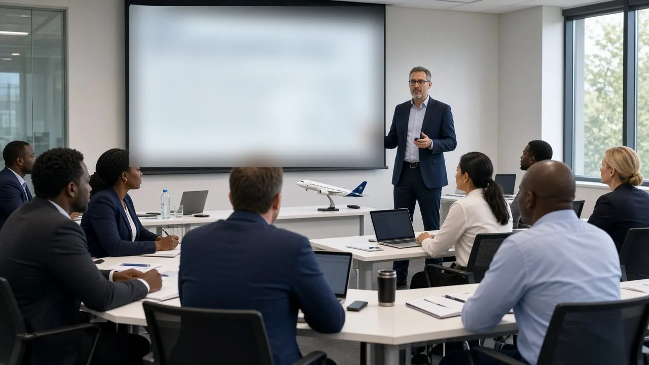 Instructor presenting to aviation professionals seated with laptops in a technical classroom