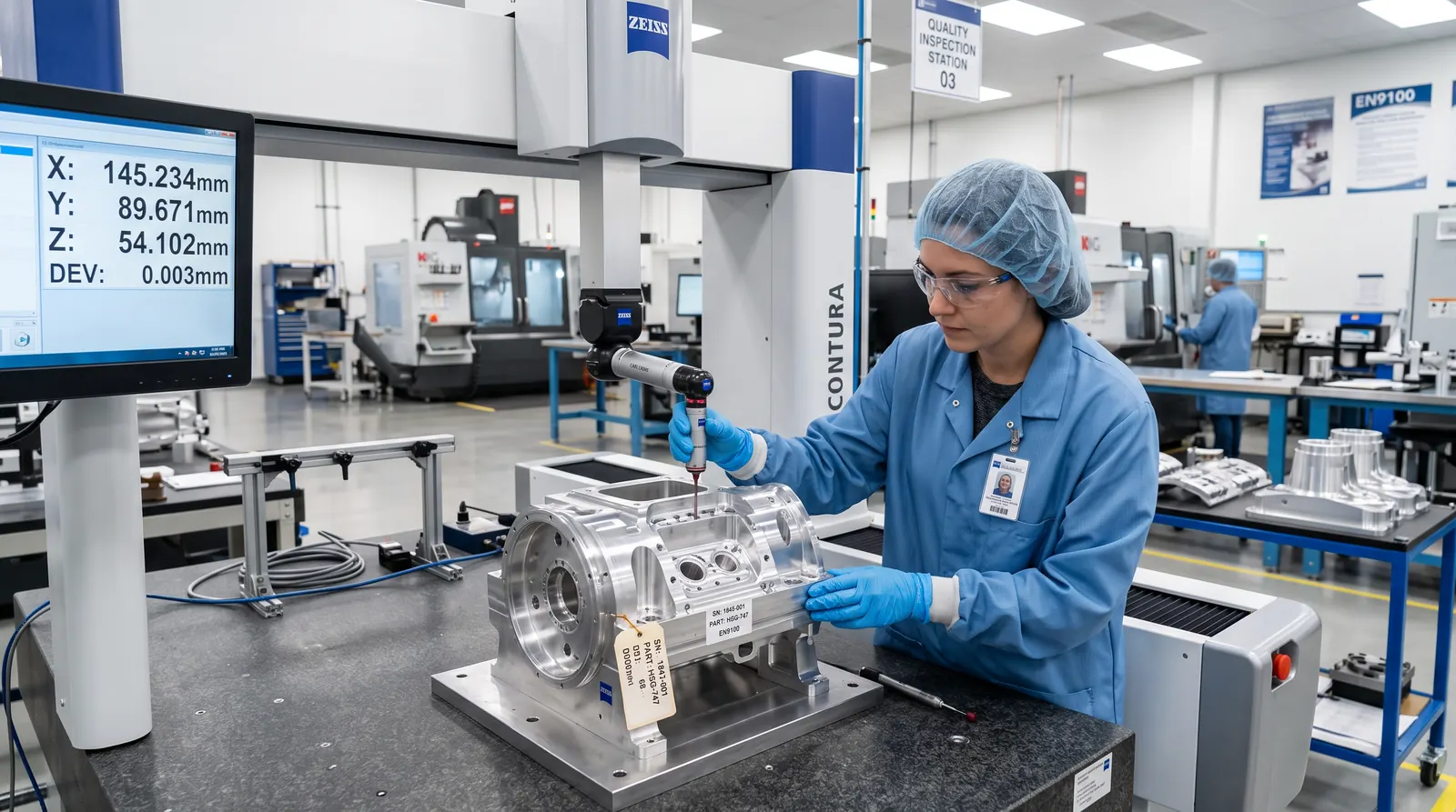 Quality inspector measuring a precision aerospace component in a clean manufacturing facility