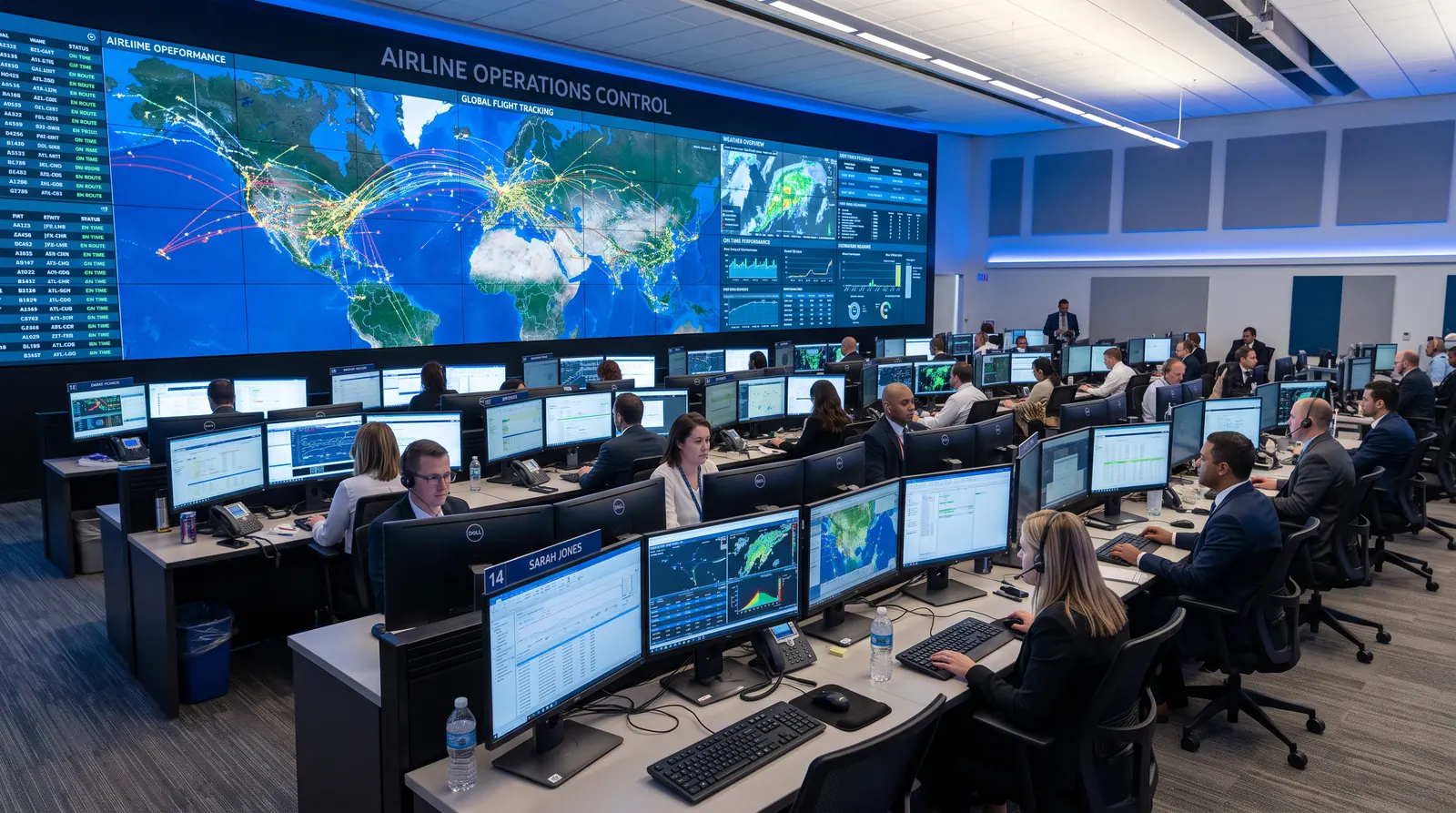 Airline operations control centre with dispatchers at multi-screen workstations and a large flight-tracking display