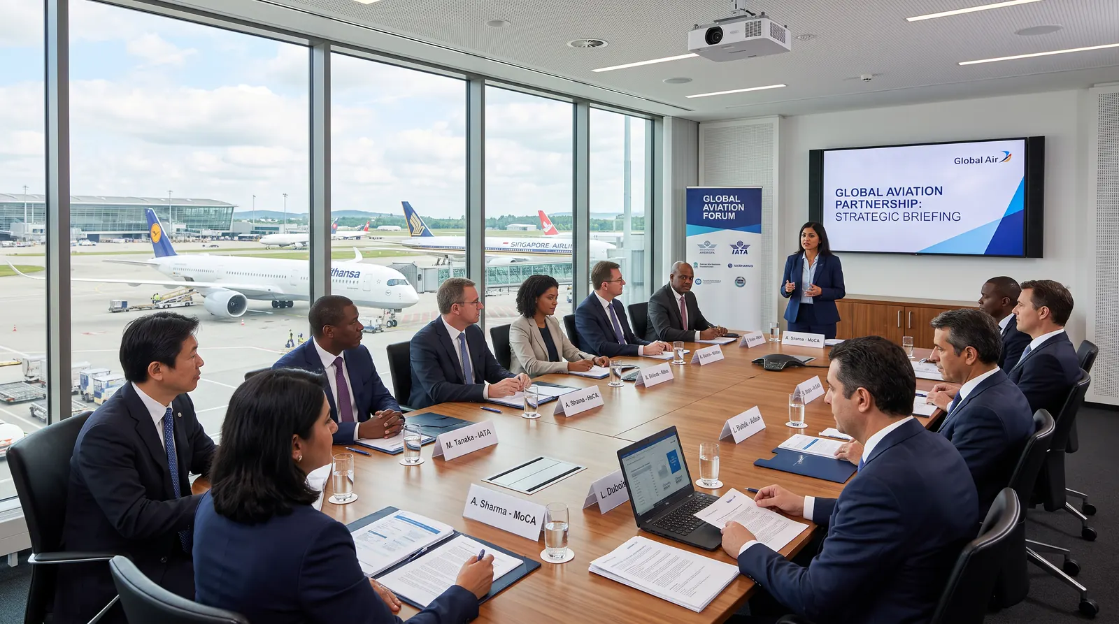 Government officials and aviation executives in a formal briefing at an aviation facility