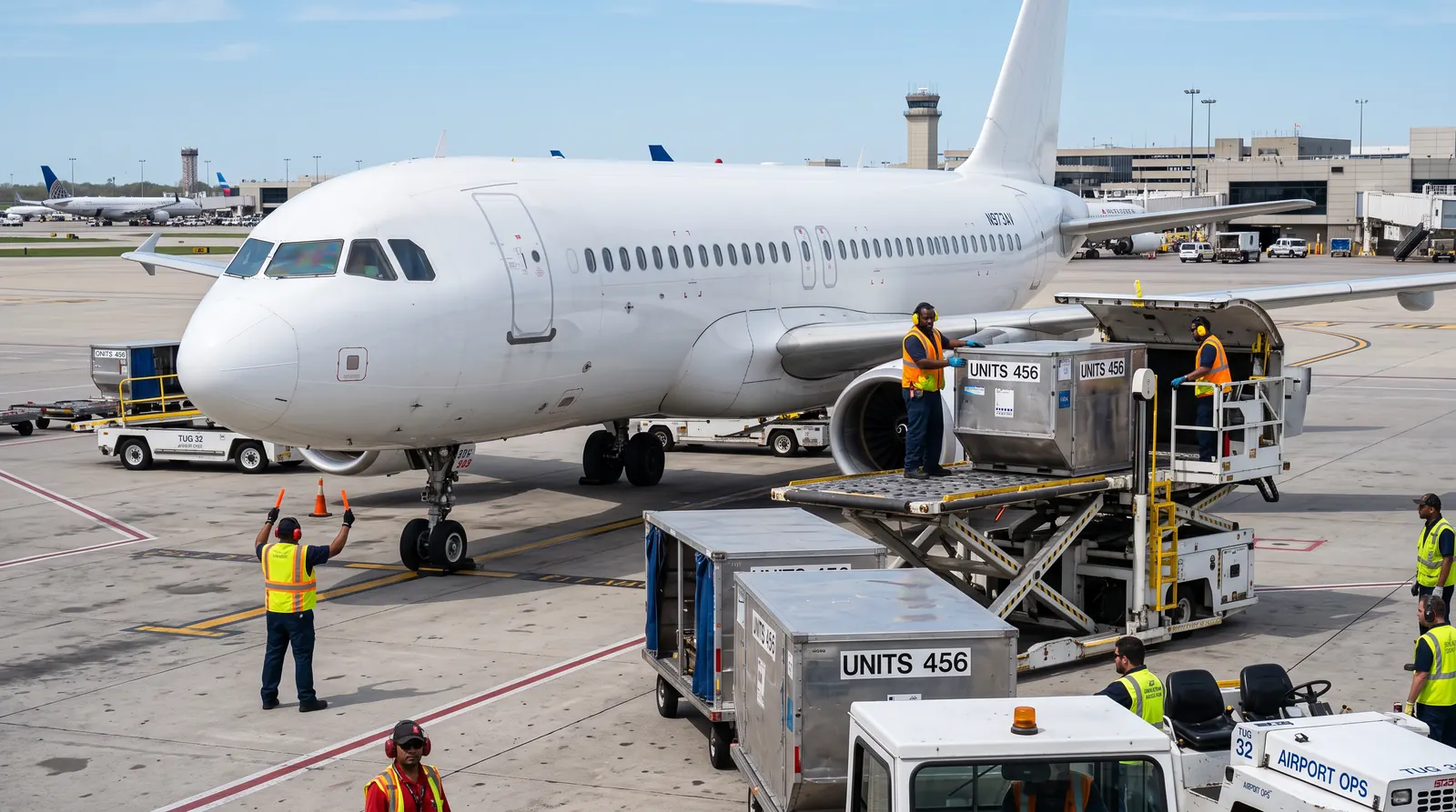 Ground handling crew in high-visibility vests loading baggage beside a narrow-body airliner on the apron