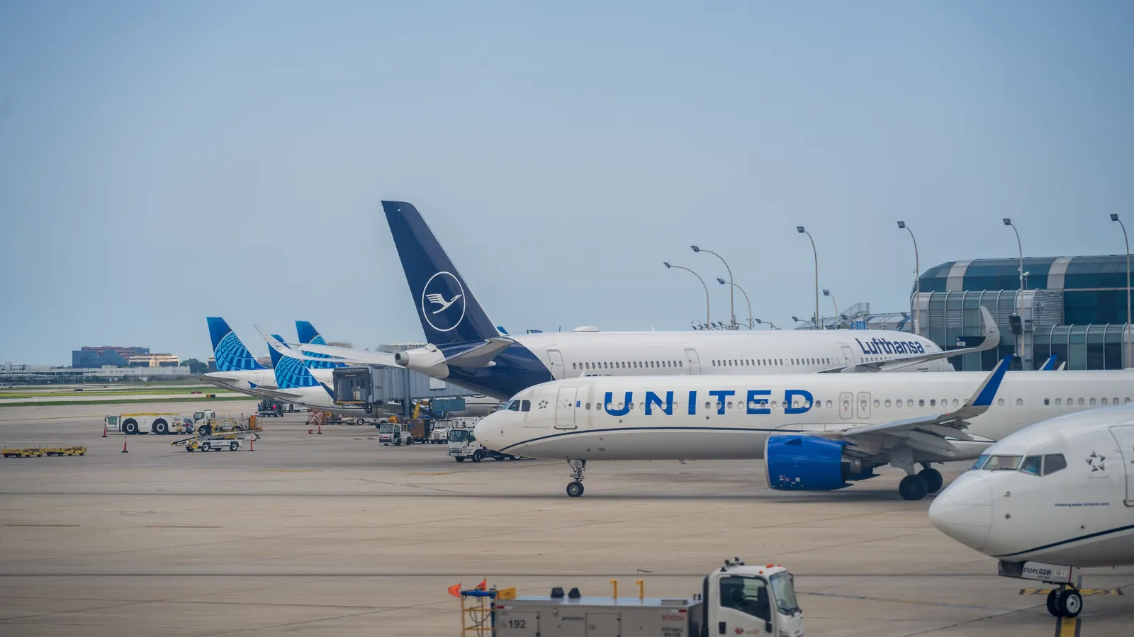 Airport apron with airliners parked at terminal gates during daytime operations