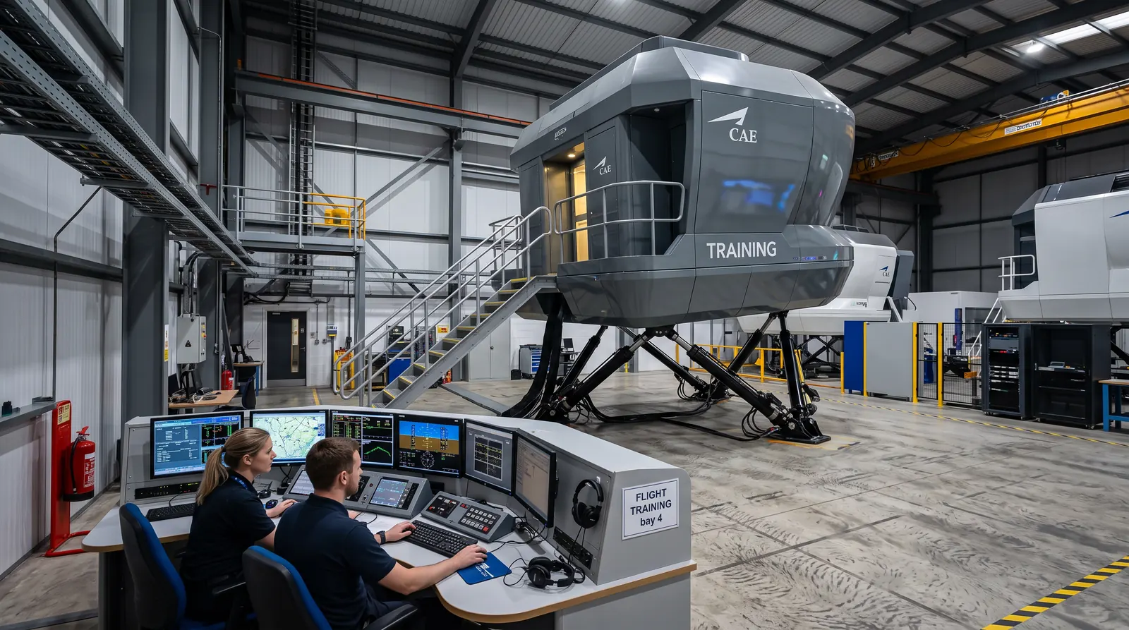 Flight simulator training bay with an instructor station beside a full motion simulator