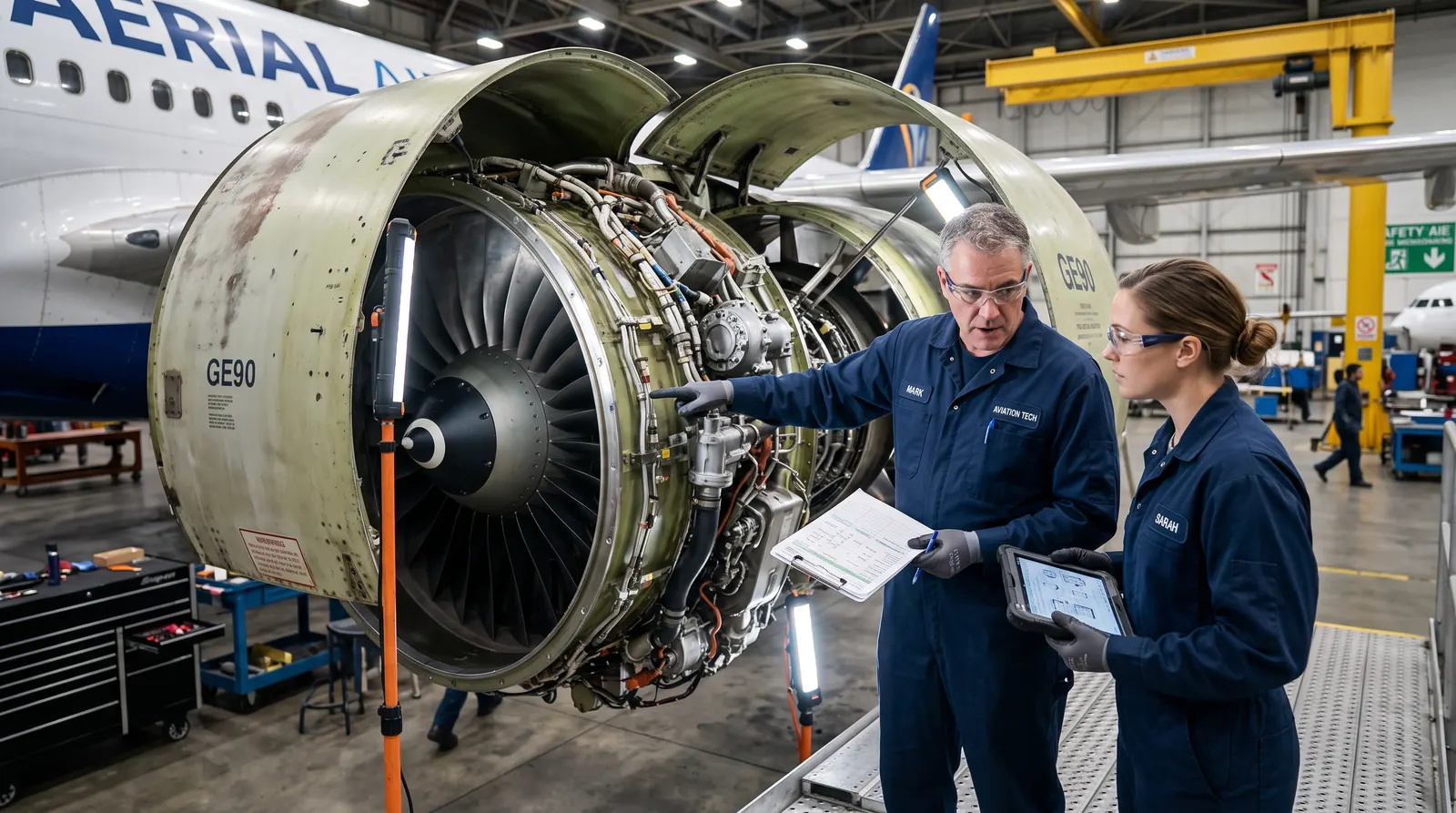 Two maintenance technicians discussing a task card beside an open turbofan engine in a hangar