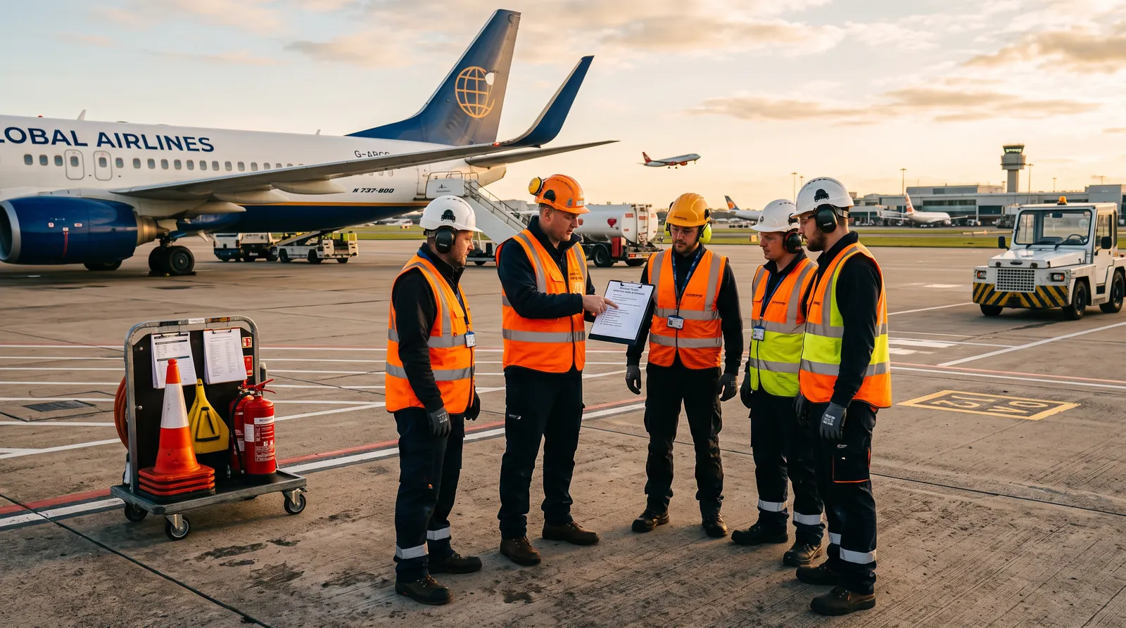 Aviation staff in high-visibility vests reviewing a safety checklist on the apron
