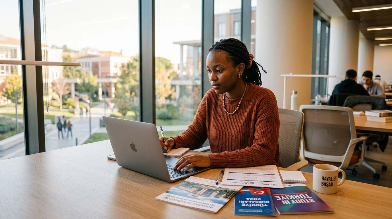 African student preparing a Turkish university application on a laptop