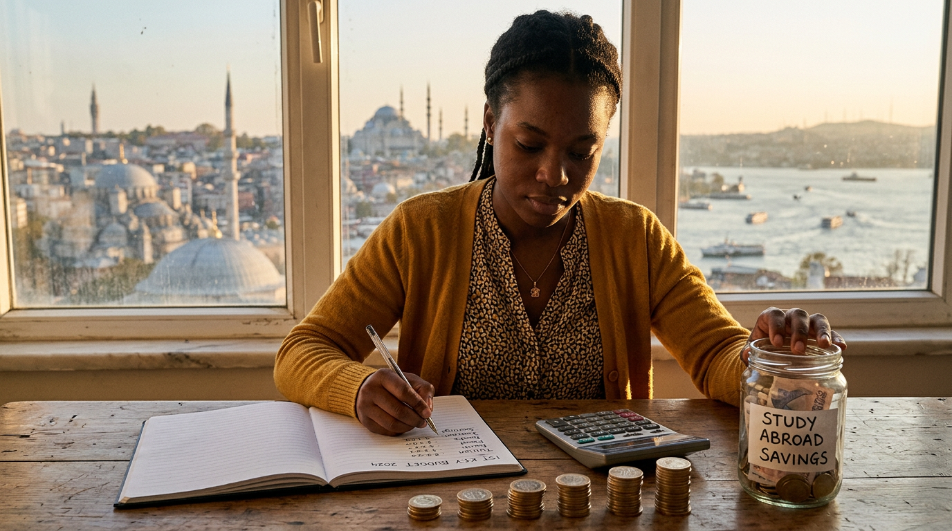 Student planning a study budget with a notebook and calculator, Istanbul skyline in the background