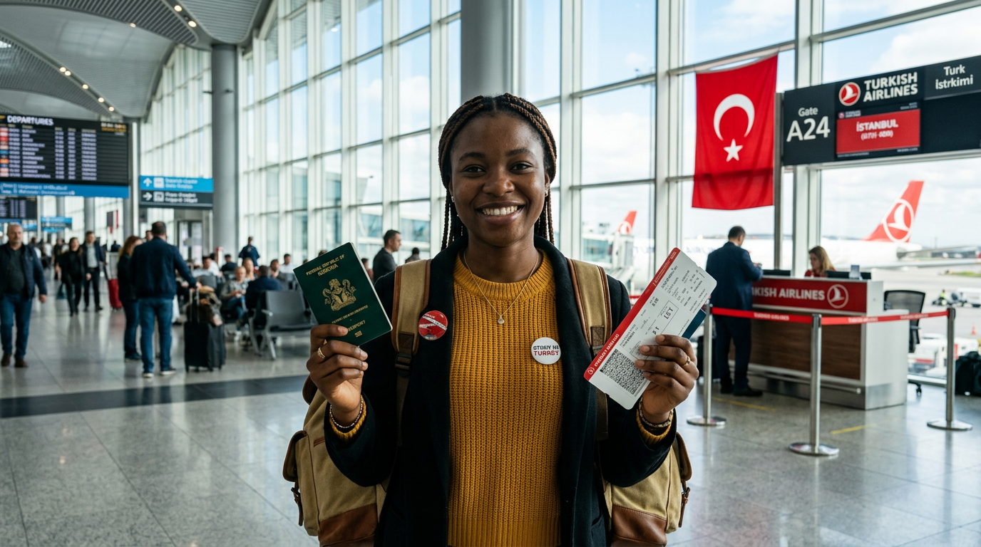 African student holding a passport and travel documents before flying to Türkiye