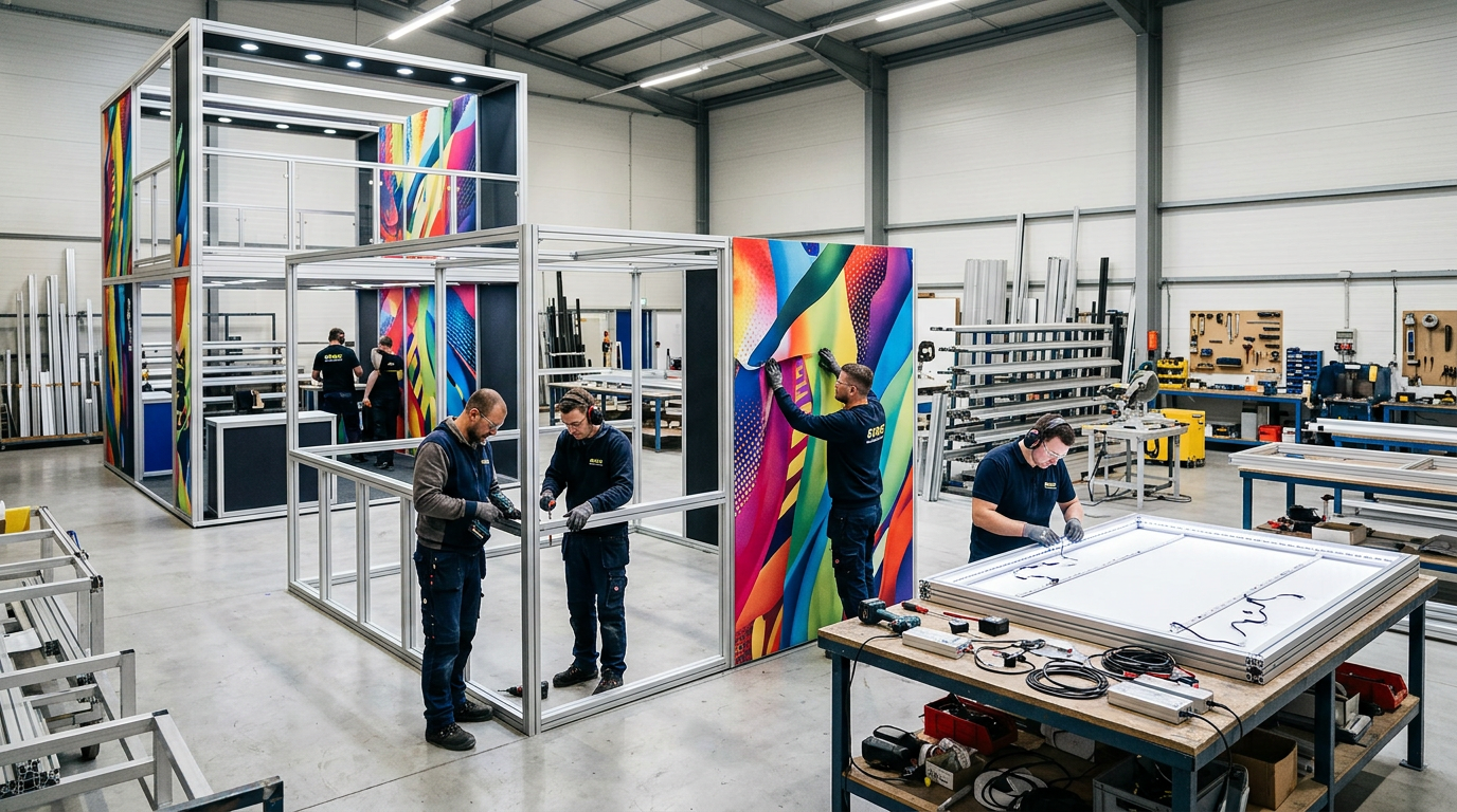 Skilled workers building a custom exhibition stand in a production workshop