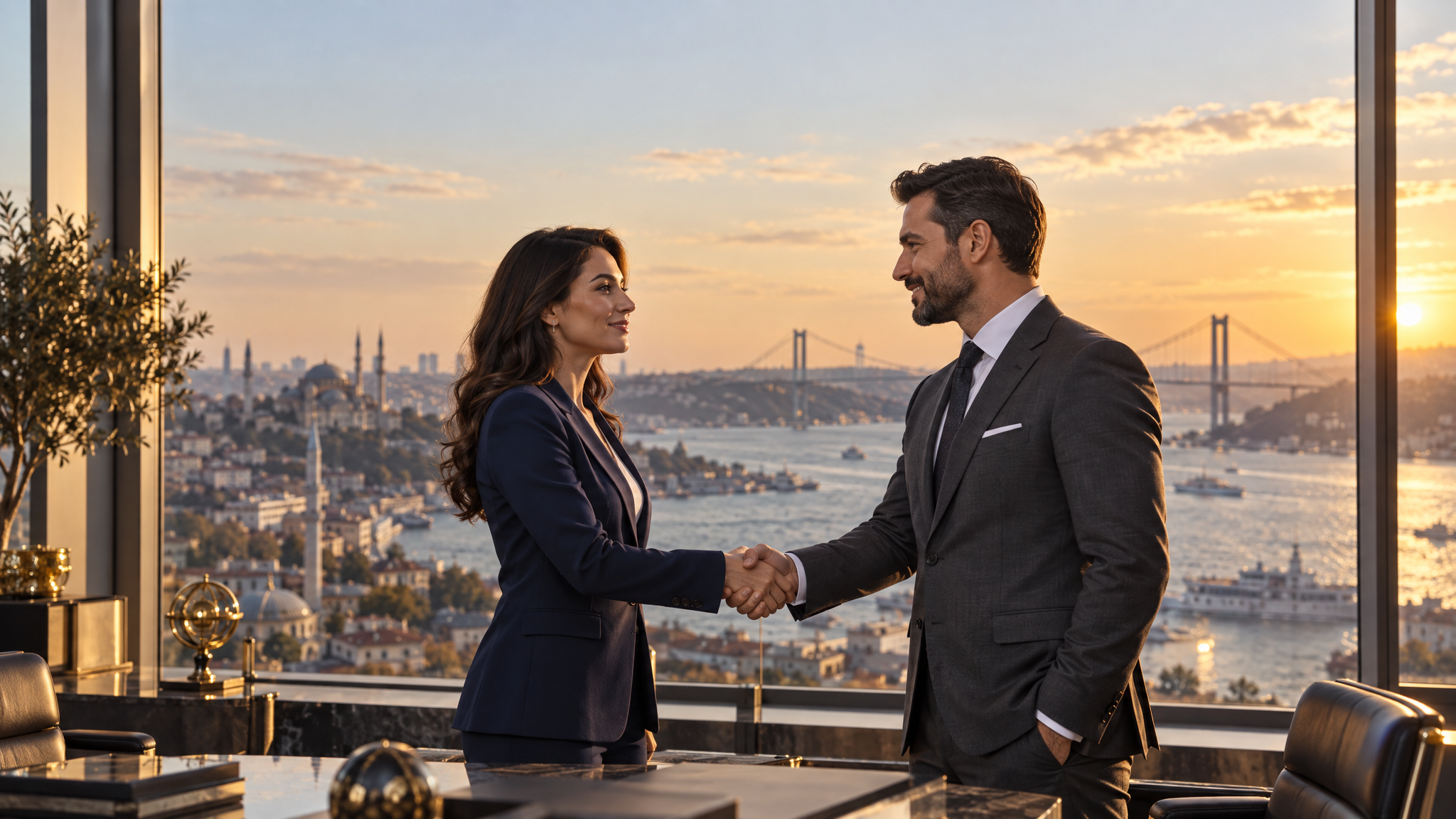International business partners shaking hands in a modern office overlooking Istanbul